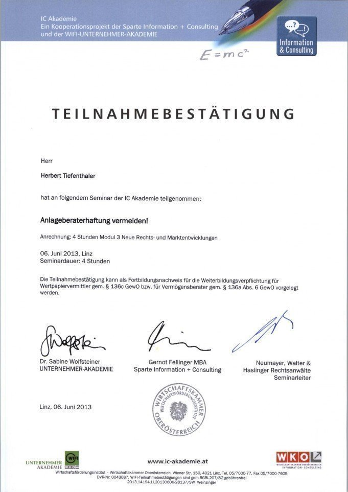Teilnahmebestätigung Seminar Anlageberaterhaftung vermeiden, 6.6.2013, 4 Stunden